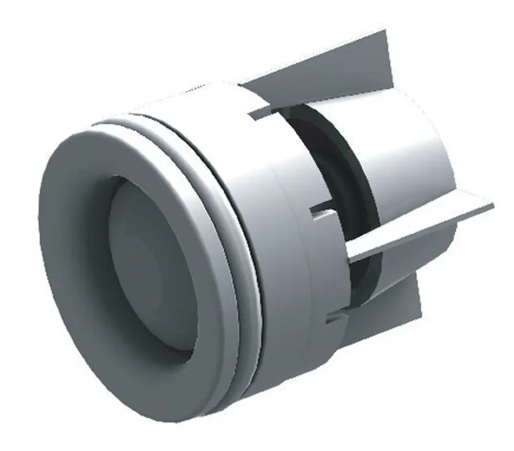 Rückflussverhinderer von Syr, mit runder Bauform und mehreren Flügeln für die Installation in Rohrsystemen. Gezeigt in technischer 3D-Ansicht.